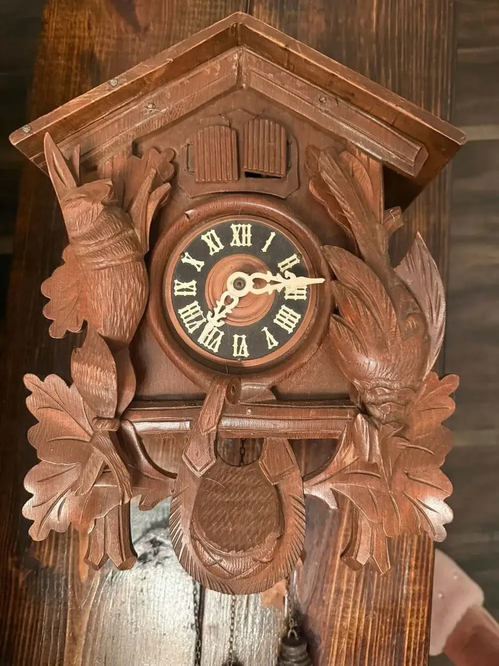 Vintage Black Forest Carved Wood Hunter Cuckoo Clock with Pine Cones